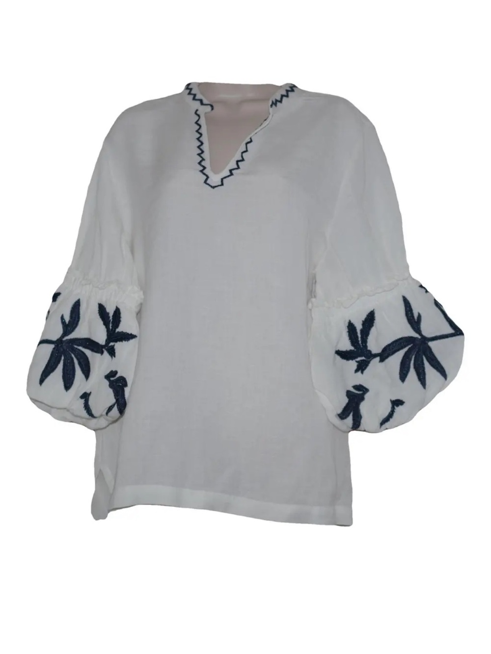 Chico's White Tunic with Navy Floral Sleeve Embroidery